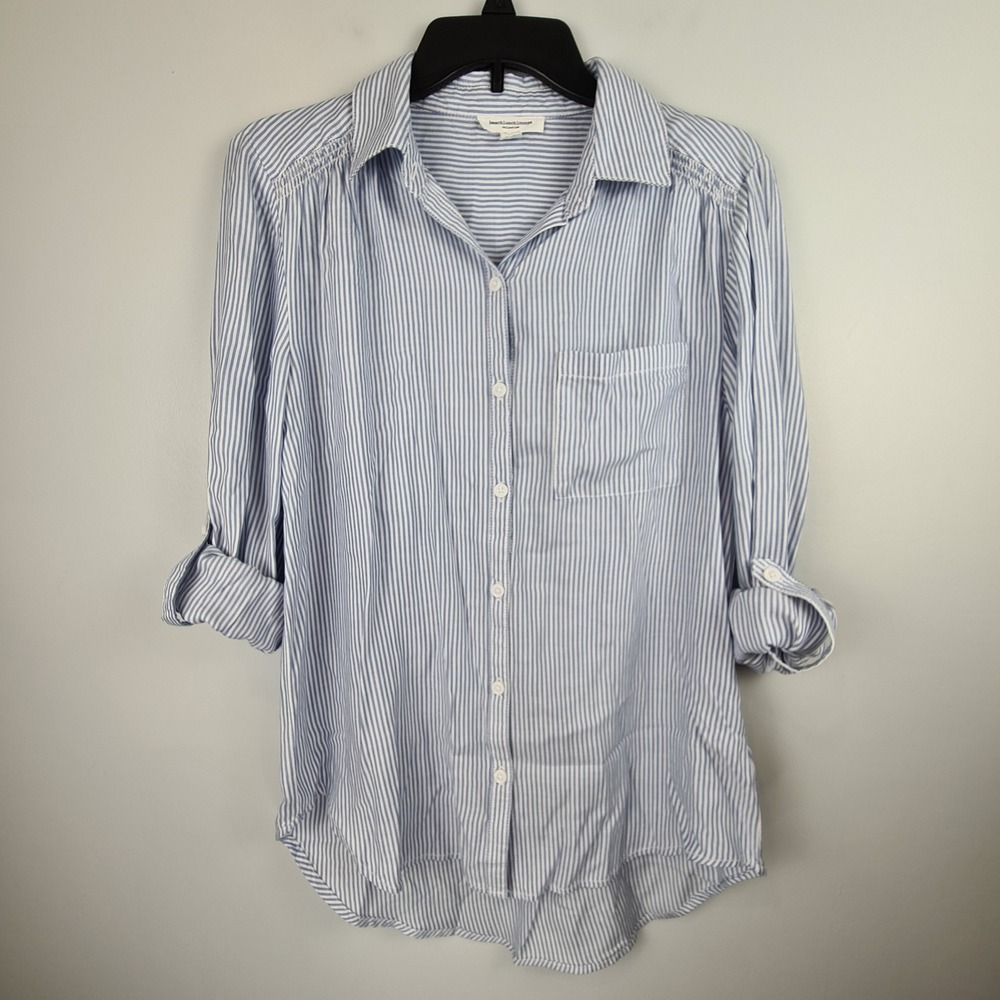 Beachlunchlounge Blue White Striped Button Down Shirt Women S Roll Tab Sleeve